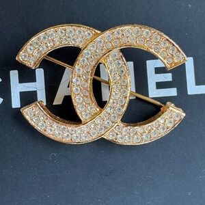 Chanel Vintage Gold Crystal CC Logo Brooch Pin 174 Authentic
